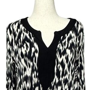Chicos Tunic Top Women XL 3 Black White Top Travelers Ikat Split Neck 3/4 Sleeve